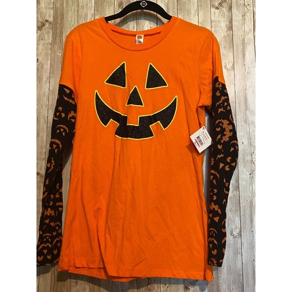 Junior's Layered Orange Halloween Jack O Lantern Sparkle Pumpkin Shirt Size Larg - Picture 1 of 7